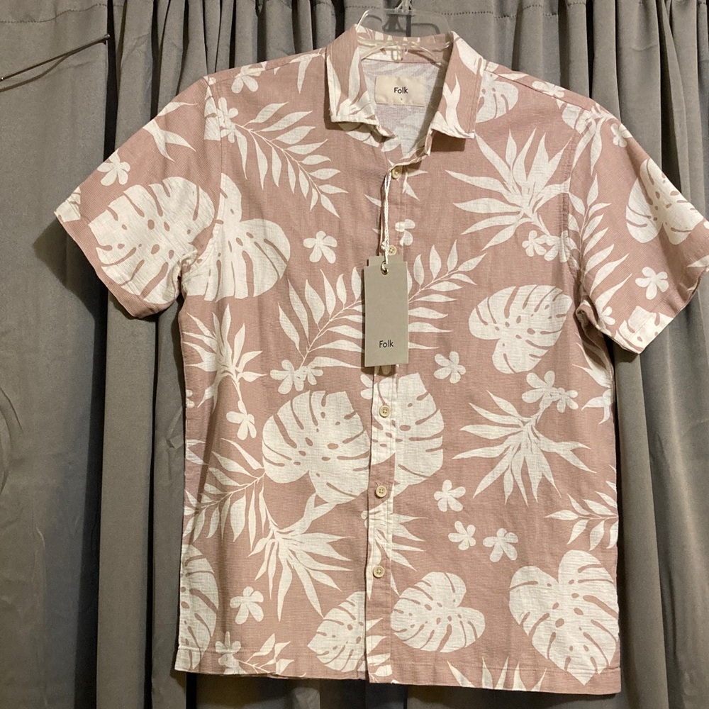 Folk by London Based Brand Pink Tropical Print Men's Shirt 💯 Cotton Short Sleeve